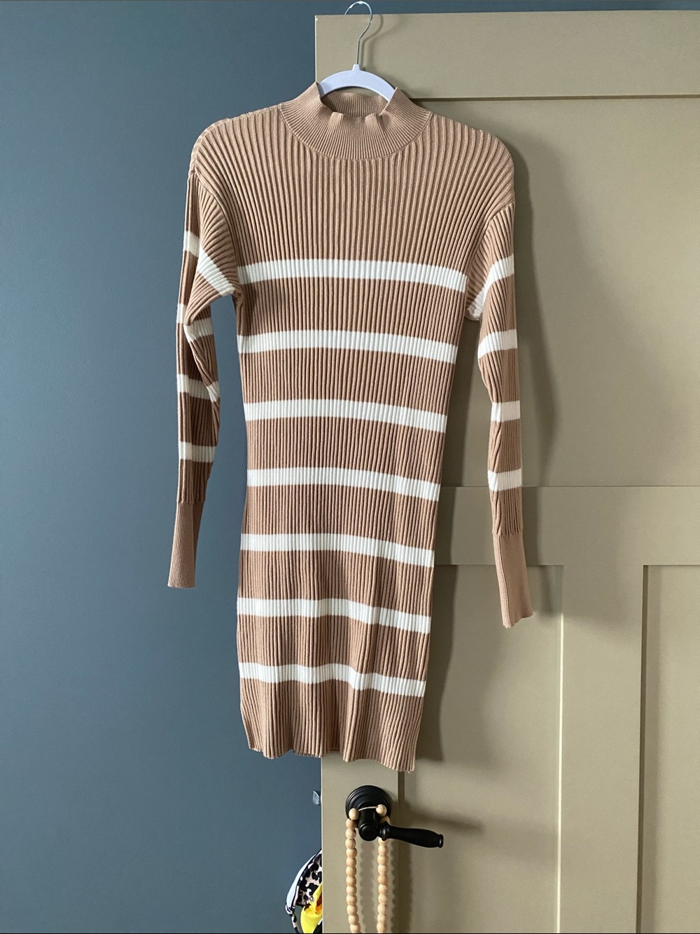 NWOT Dex Ribbed Stripe Long Sleeve Sweater Dress - Camel & White